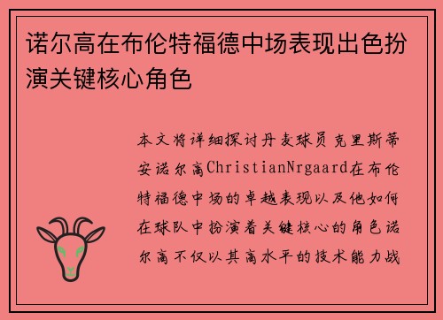 诺尔高在布伦特福德中场表现出色扮演关键核心角色